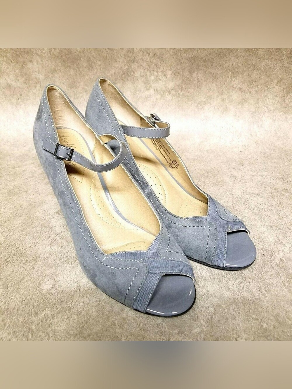 Dexflex Comfort Light Blue Suede Peep-Toe Mary Jane Heels